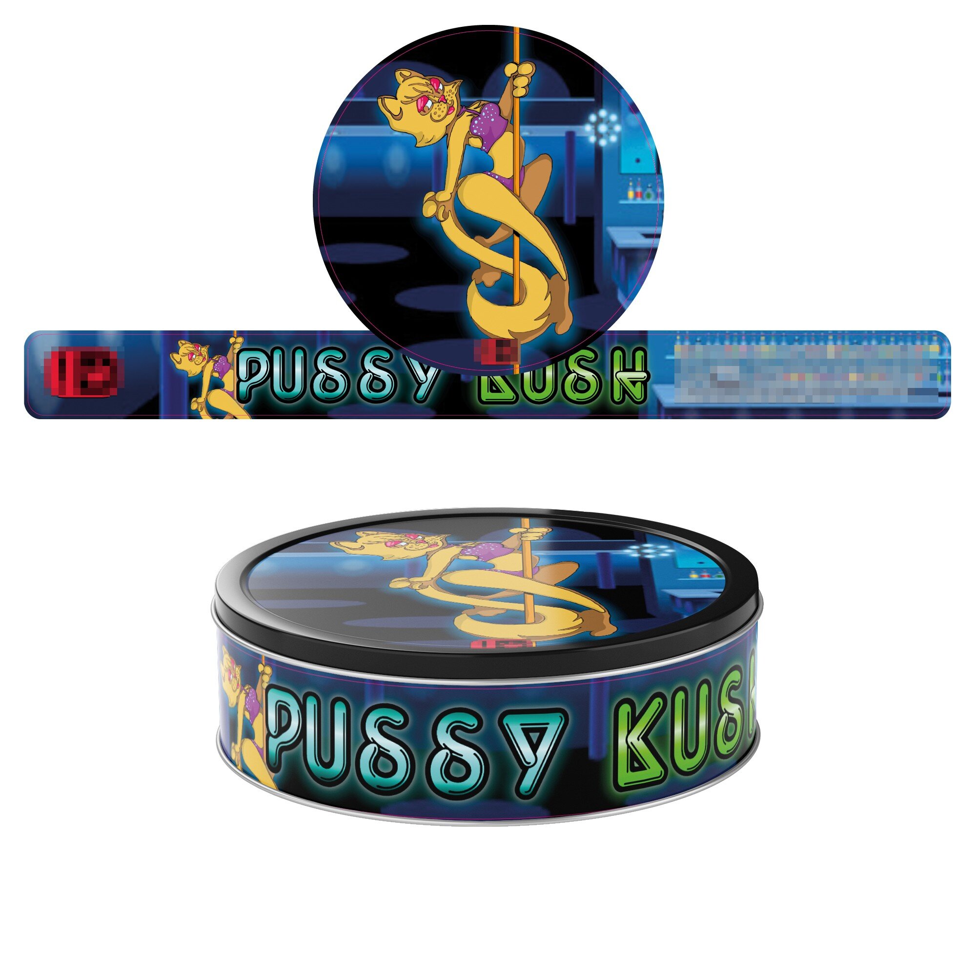 Pussy Kush Pressitin Labels - 3.5g 100ml Self Seal Tuna Tin Lid and Label Sets - Pressitin Labels